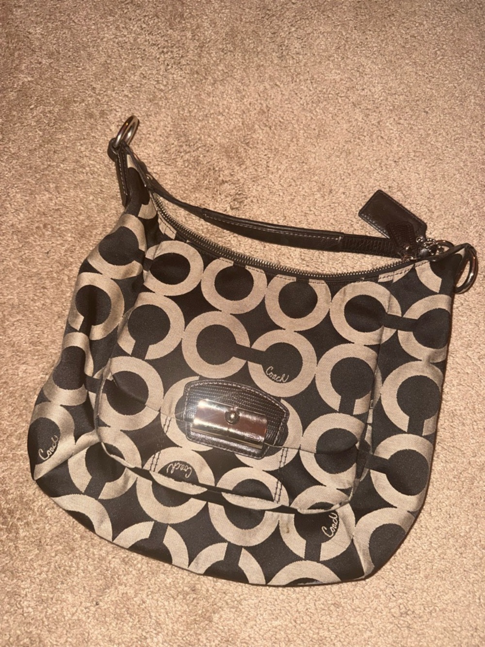 Coach Black and Beige Signature Shoulder Bag